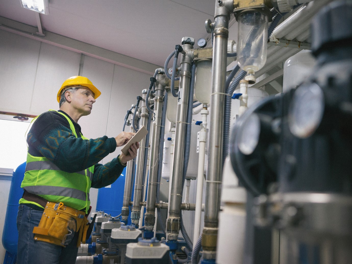 An employee with protective gear checking the machines at the manufacturing facility.