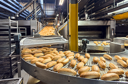 A conveyer belt in a food processing factory with bread